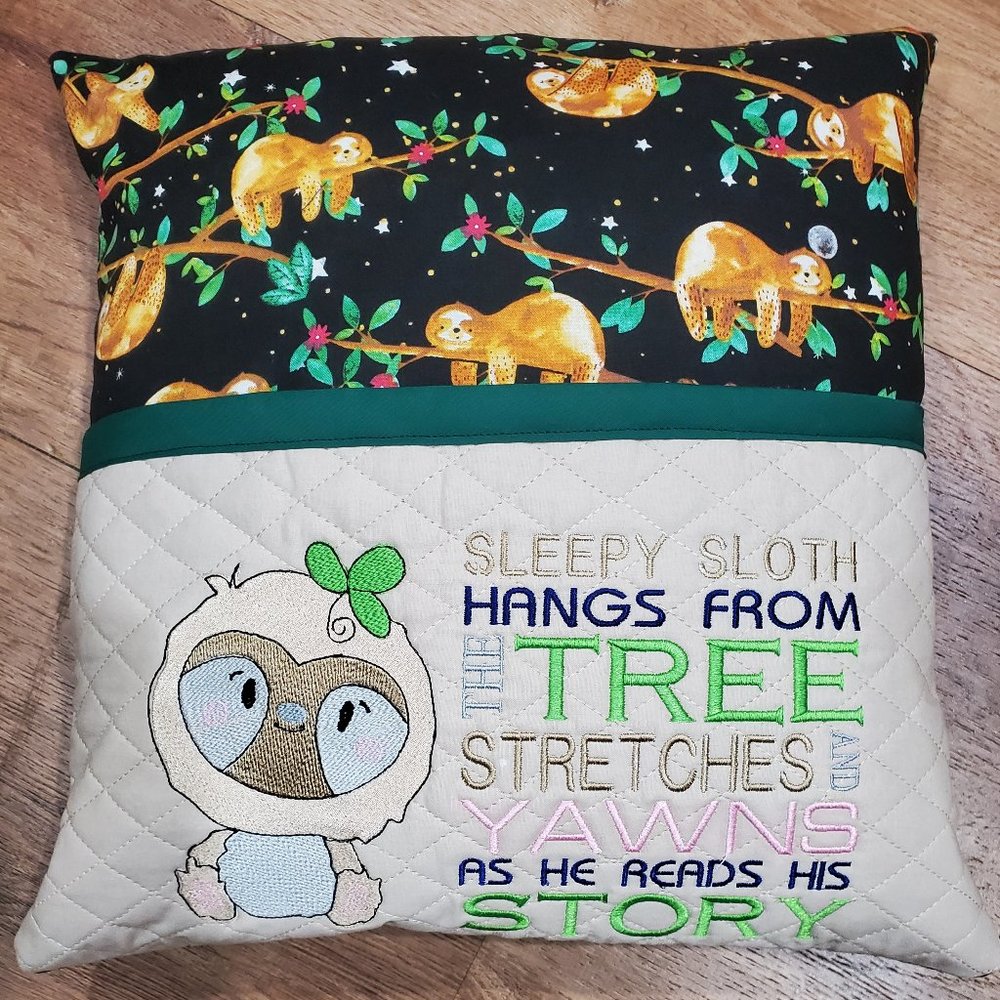 Sleepy Sloth Reading Book Pocket Pillow 16"x16"